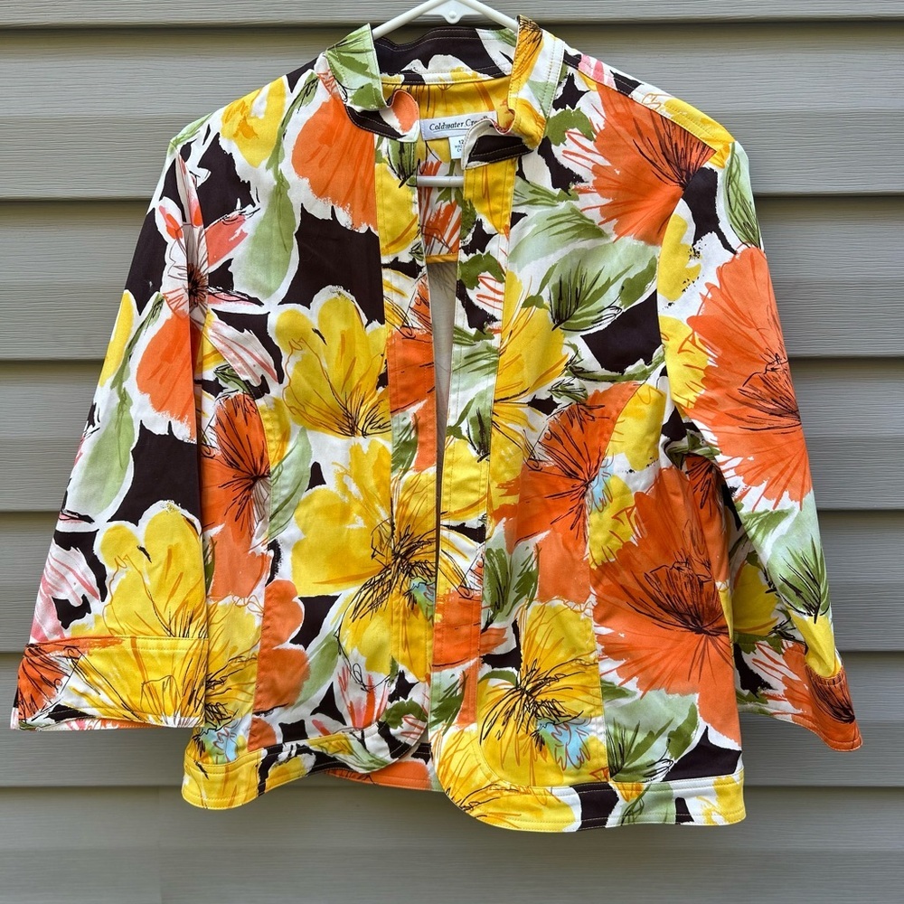 Coldwater Creek size 12 bright colorful floral Fall open front blazer jacket